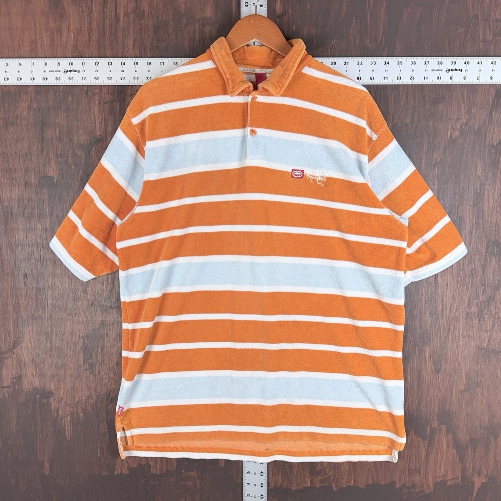 Ecko Unltd Polo Shirt Striped Velour Rhino Logo Hip Hop Orange Men Large Vintage